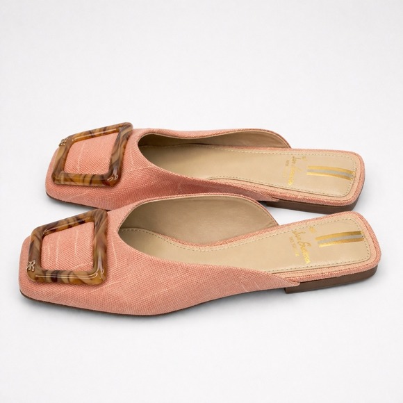 Sam Edelman Shoes - Sam Edelman Aris Mules Size 6 Coral Pink Raffia Tortoise Buckle Square Toe Flats